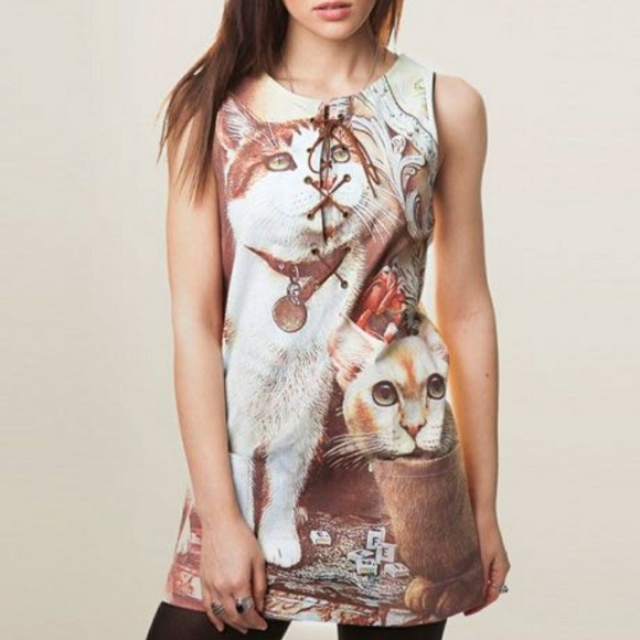 Drop Dead Dresses & Skirts - Drop Dead L, Cat Print Lace Up Mini
